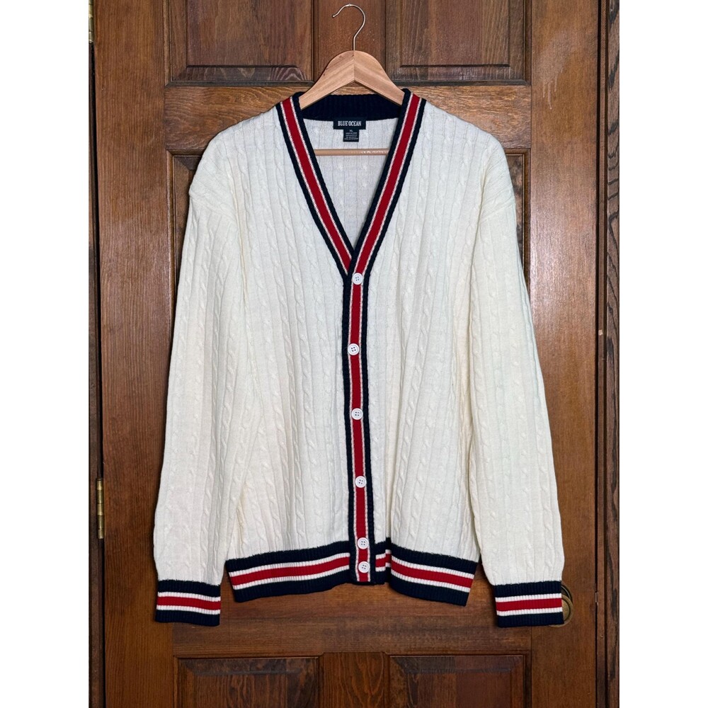Vintage 90s Ivory Cable Knit Cardigan Sweater XL Preppy Coastal Style XL - Picture 2 of 9